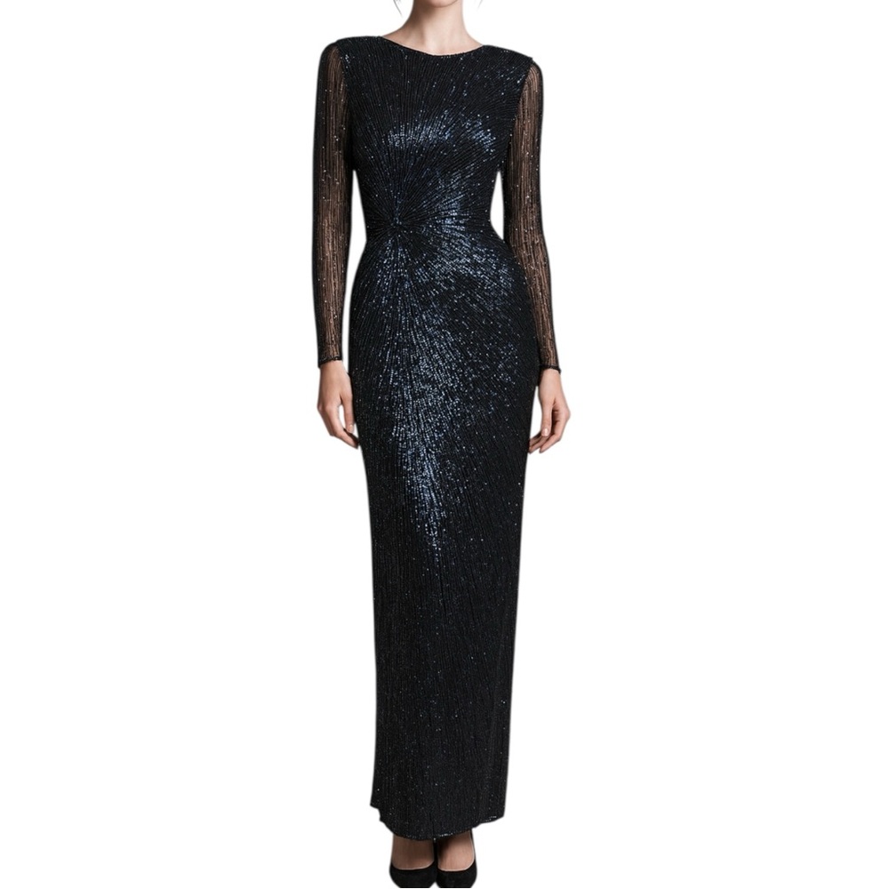 Vintage Marina Size Small Black Beaded Sequin Gown Formal Evening Maxi Dress NWT